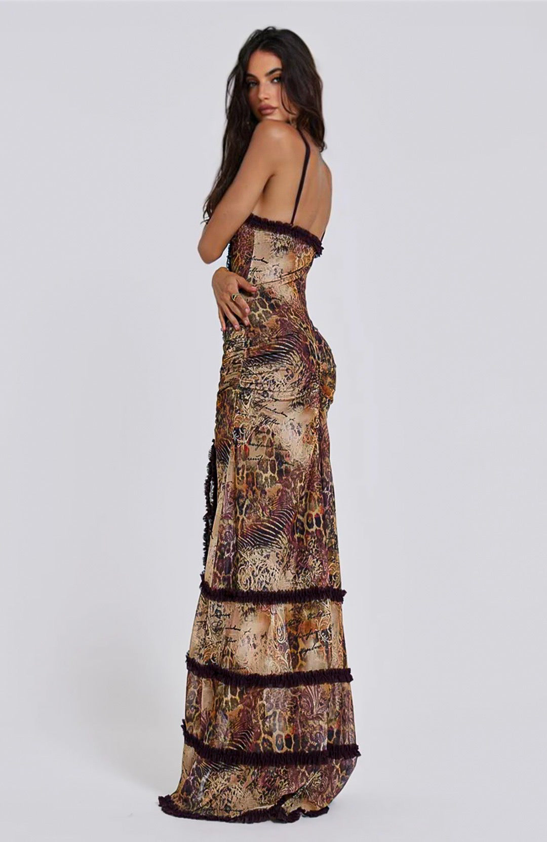 CAROLIEN - Bohemian kant, luipaard-script maxi-jurk