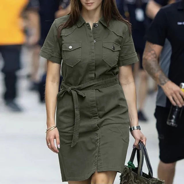 NADINE - Dames Zomer Cargo Shirtjurk met Reverskraag en Voorzakken