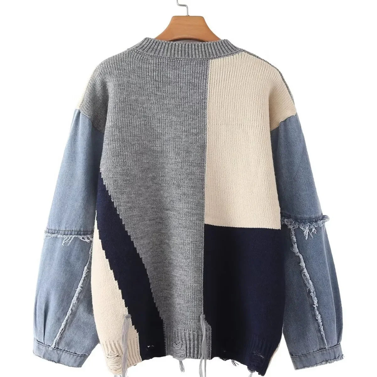 Odalys - Herfst/Winter Loose-Fit Denim Patchwork Smiley Face Sweater Voor Vrouwen