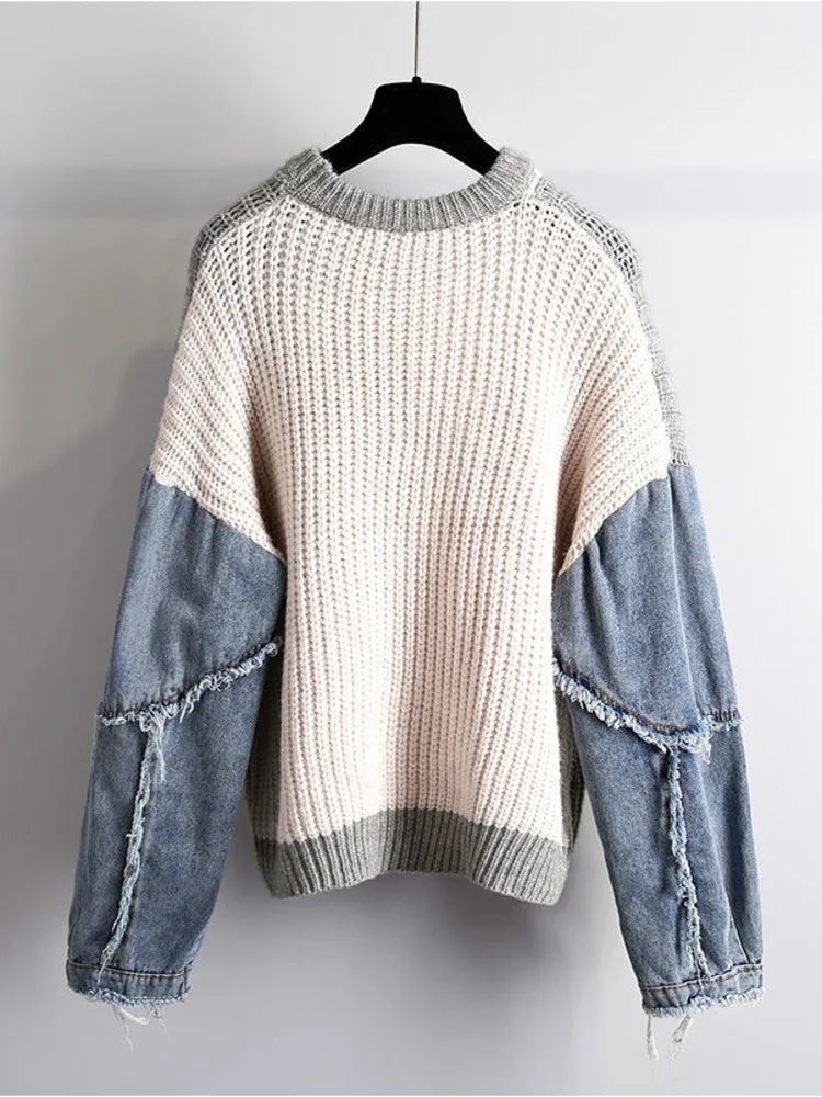 Romina - Hippe Hip-Hop Denim Stitching Sweater