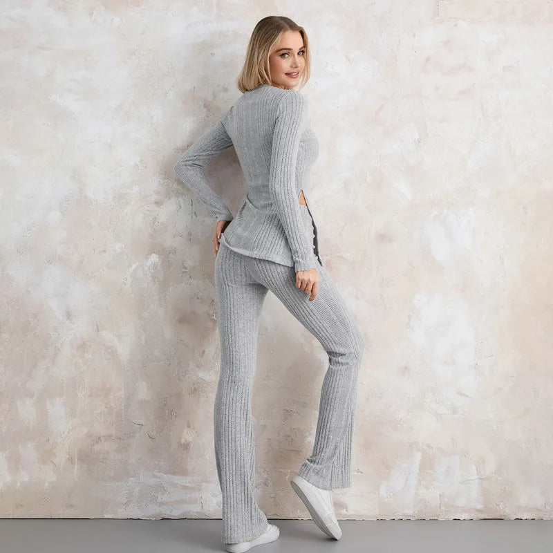 Raina - Chique effen kleur top met lange mouwen & bootcut broek