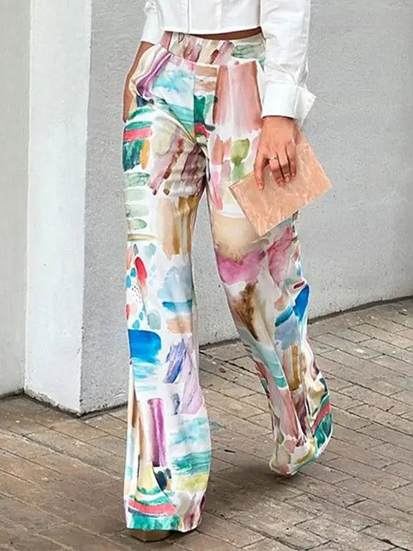 Roosmarijn - Broek met hoge taille en rechte pijpen, bedrukte damesmode