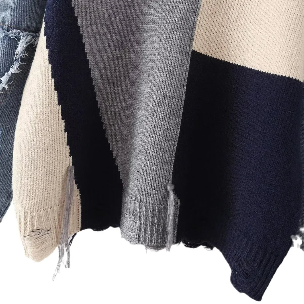 Odalys - Herfst/Winter Loose-Fit Denim Patchwork Smiley Face Sweater Voor Vrouwen