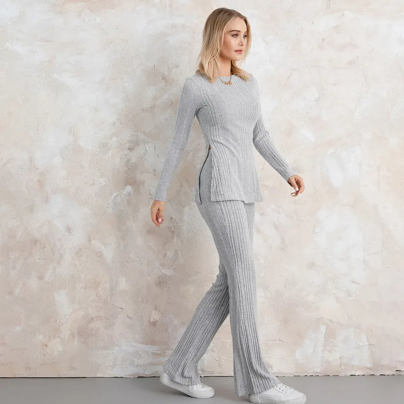 Raina - Chique effen kleur top met lange mouwen & bootcut broek