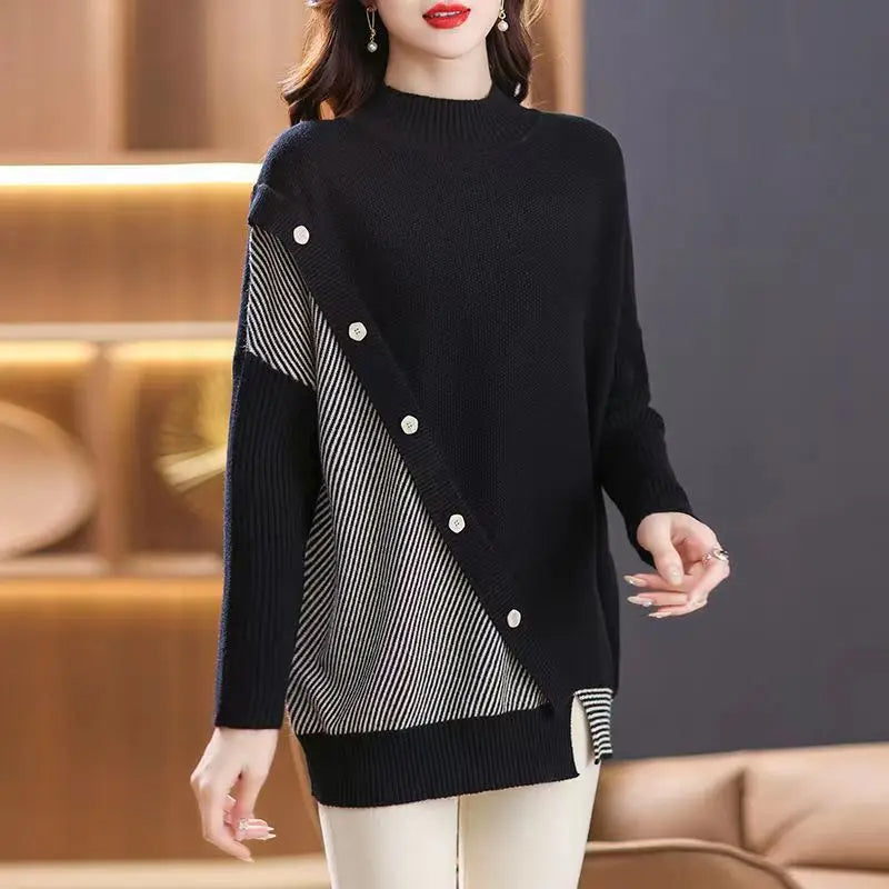 Pallas - Stijlvolle Gesplitste Knoop Gestreepte Asymmetrische Sweater