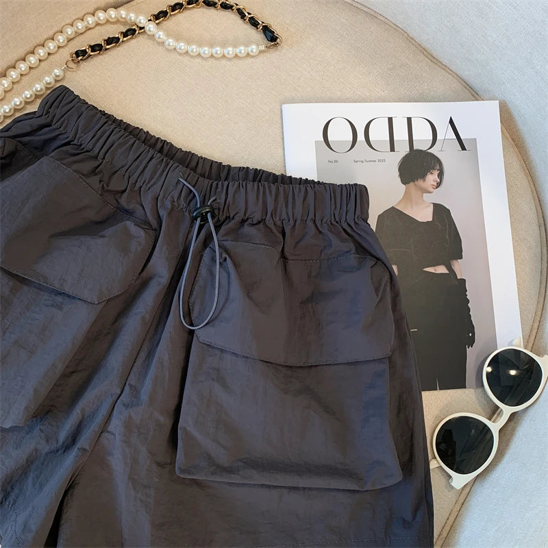 NETTIE - Dames Sport Quick-Drying Cargo Shorts met elastische hoge taille, wijde pijpen en zakken