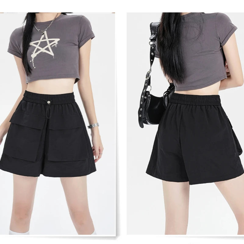 NETTIE - Dames Sport Quick-Drying Cargo Shorts met elastische hoge taille, wijde pijpen en zakken