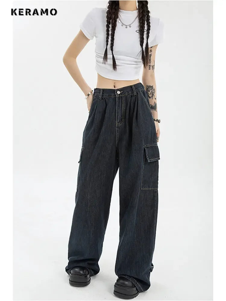SASKIA - Dames Baggy Blauwe Cargo Jeans