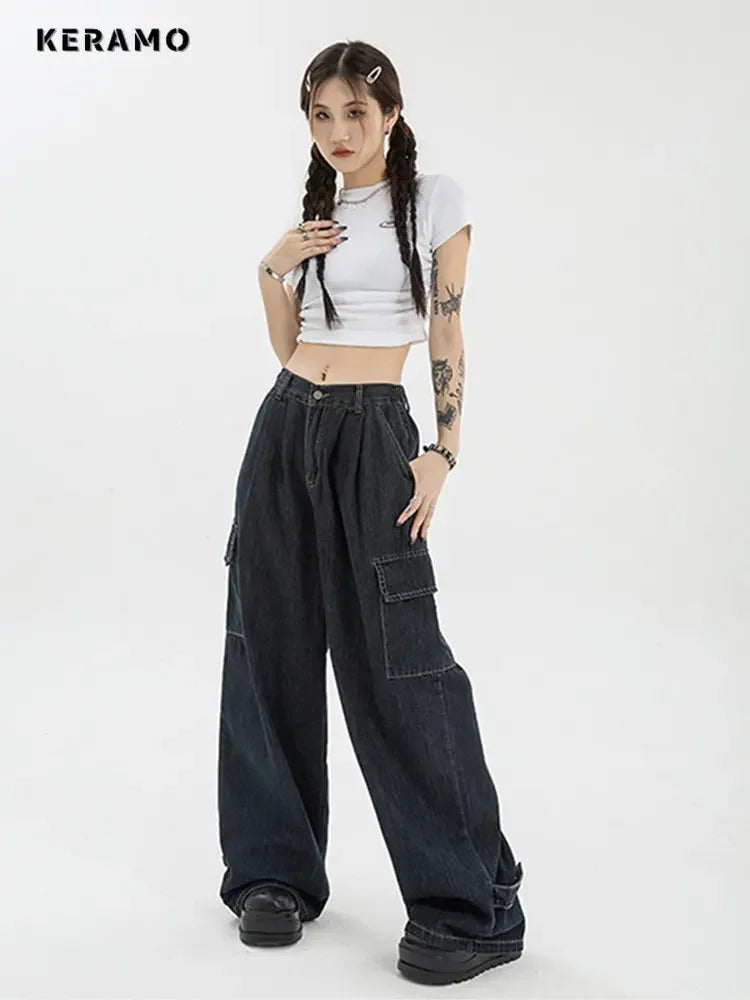 SASKIA - Dames Baggy Blauwe Cargo Jeans