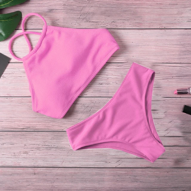 GERARDA - Dames Bikini Set met hoge taille en push-up effect - Effen polyester materiaal met draadloze ondersteuning