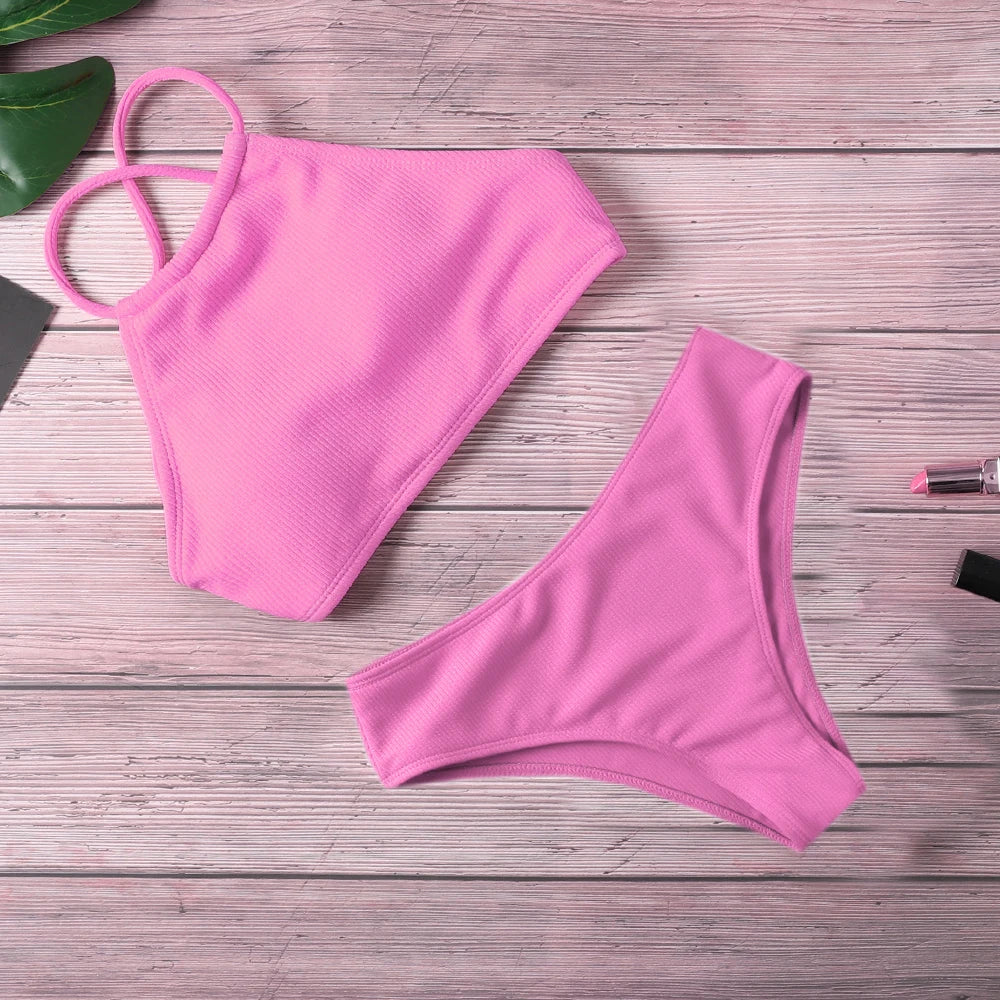 GERARDA - Dames Bikini Set met hoge taille en push-up effect - Effen polyester materiaal met draadloze ondersteuning