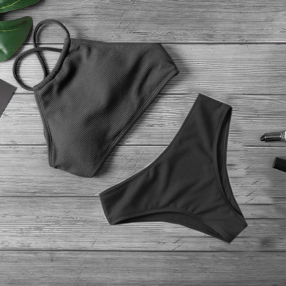 GERARDA - Dames Bikini Set met hoge taille en push-up effect - Effen polyester materiaal met draadloze ondersteuning