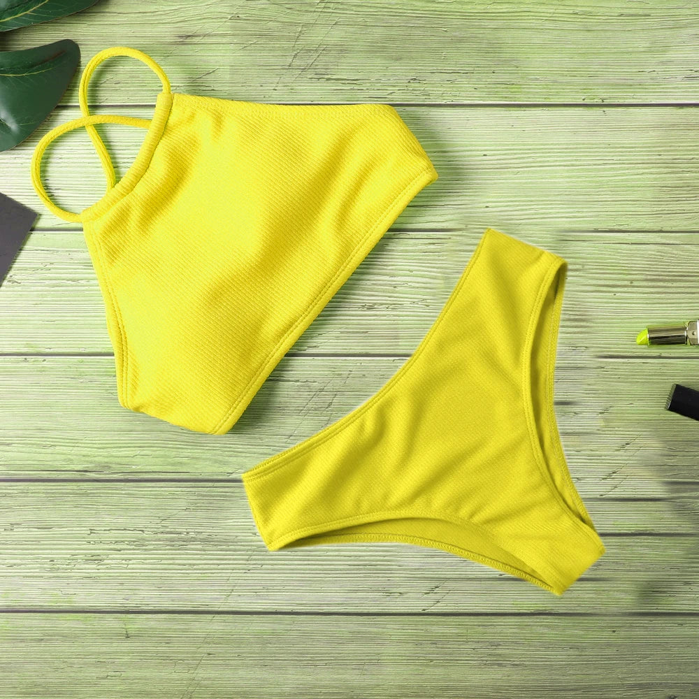 GERARDA - Dames Bikini Set met hoge taille en push-up effect - Effen polyester materiaal met draadloze ondersteuning