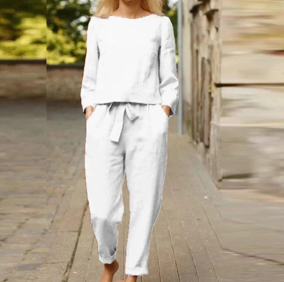 ANJA - Stijlvol en uniek linnen tweedelig pak voor zomer/lente