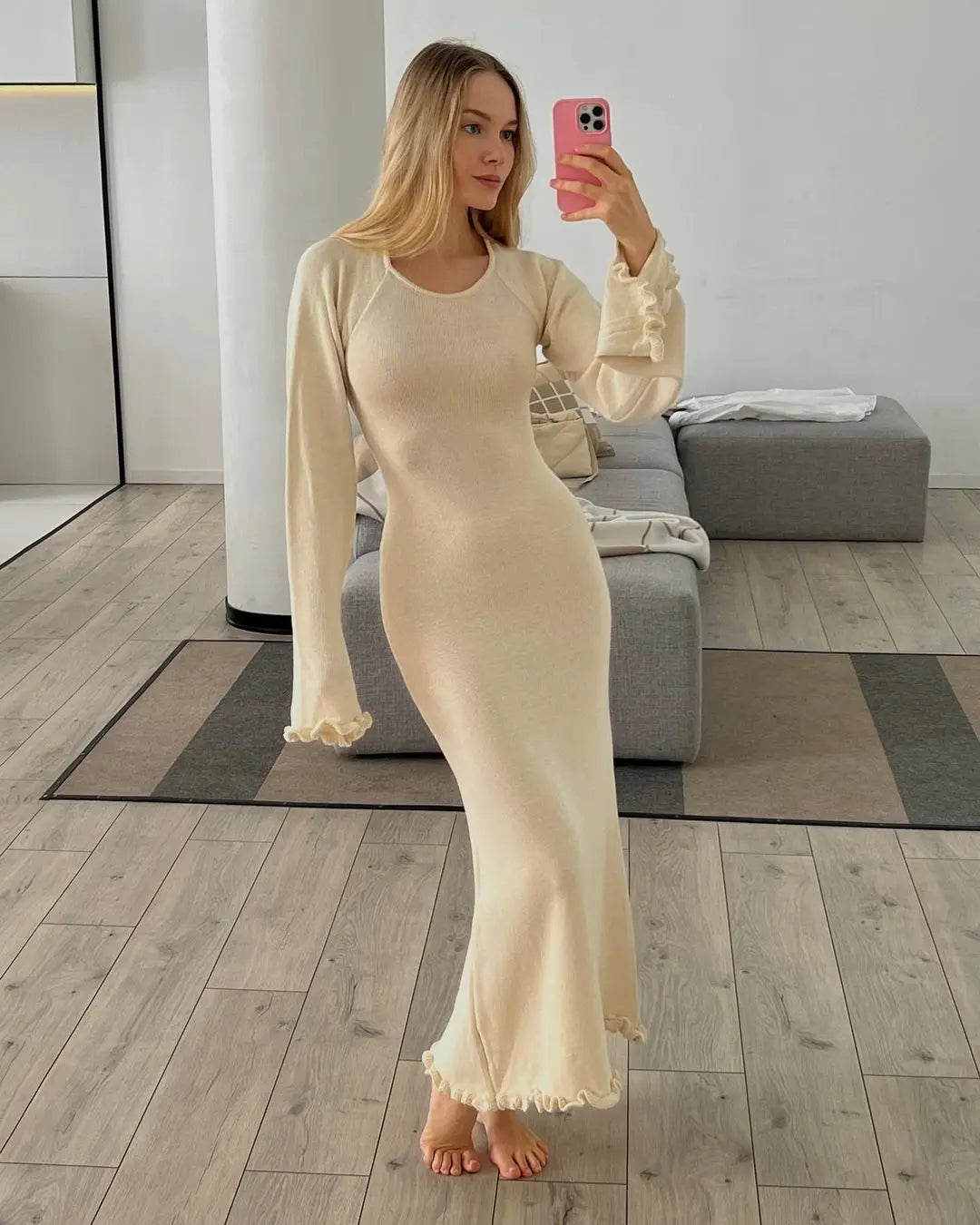 MARGARETHA - Dames Gebreid Sweater Maxi Jurk met uitlopende Mouwen