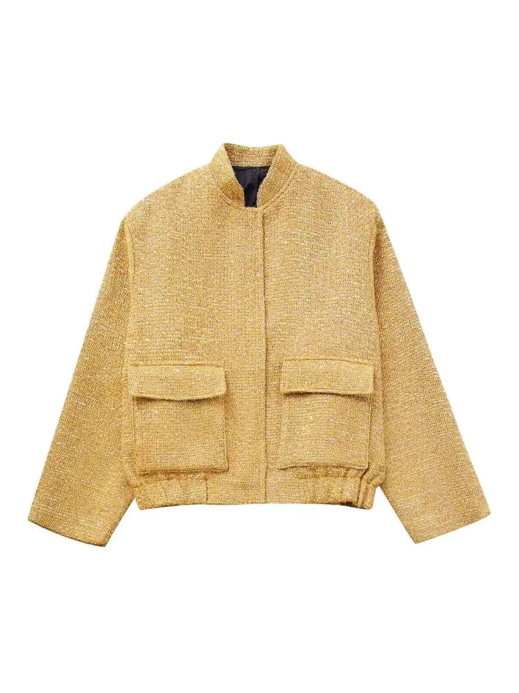 LOWIENA - Dames Loszittende Pailletten Gouden Bomberjack met Opstaande Kraag
