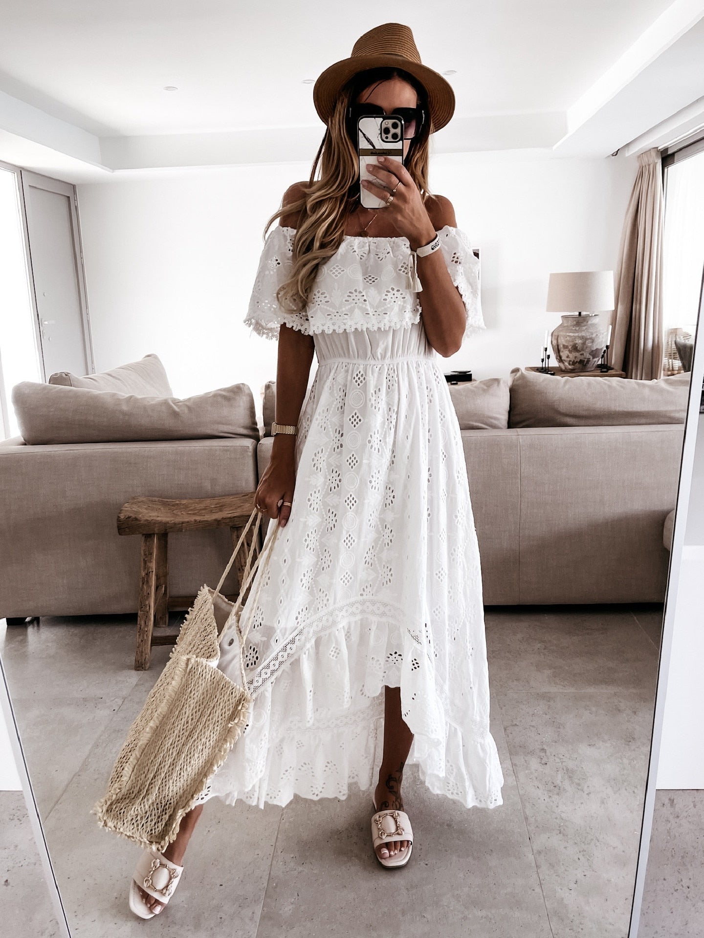 EMILIA - Off-the-shoulder lange boho jurk met ruches