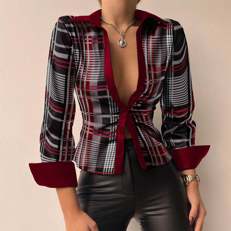 DAGMAR - Chique blouse met patchwork-print en V-hals van PU-leer