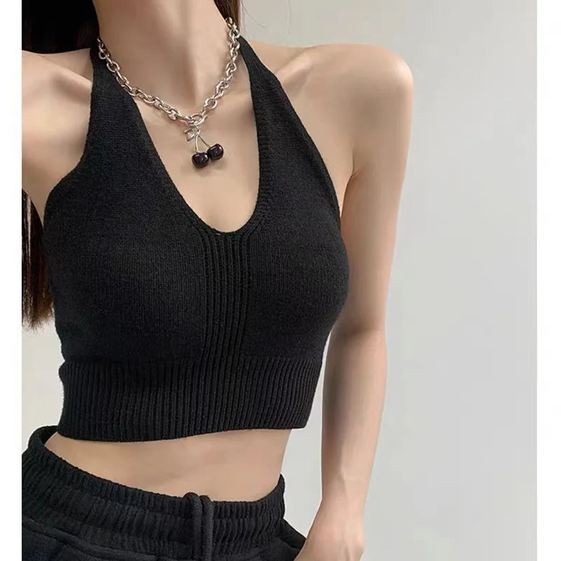 Guusje - Dames Y2K Gebreid V-hals Kruis Halter Crop Top