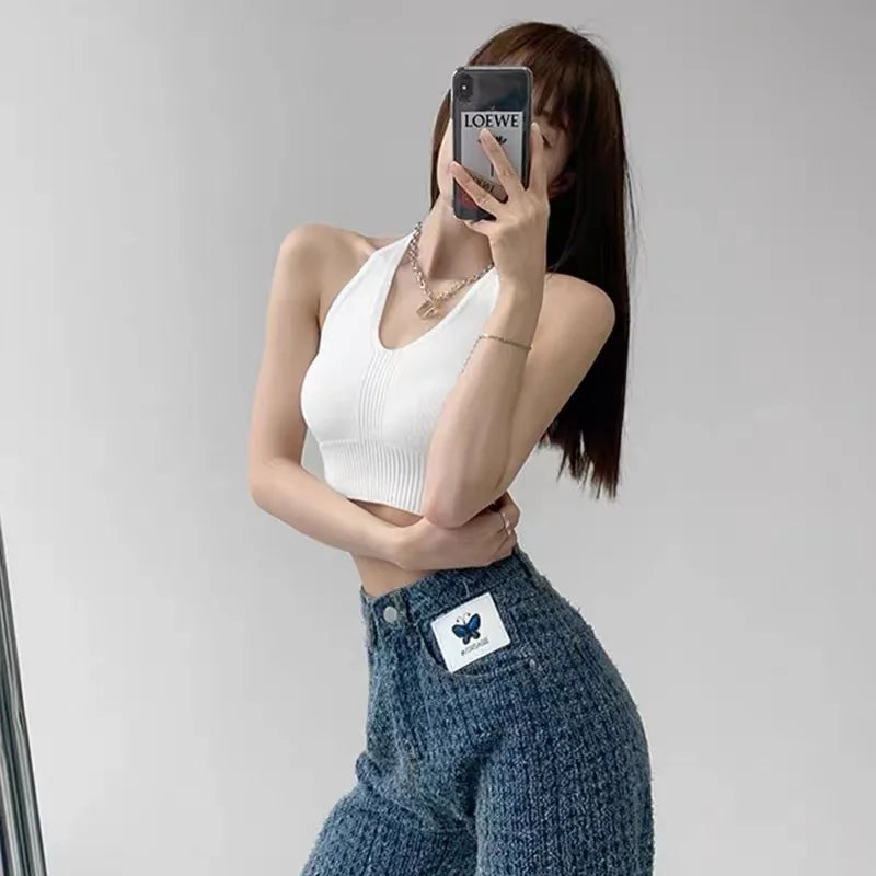 Guusje - Dames Y2K Gebreid V-hals Kruis Halter Crop Top