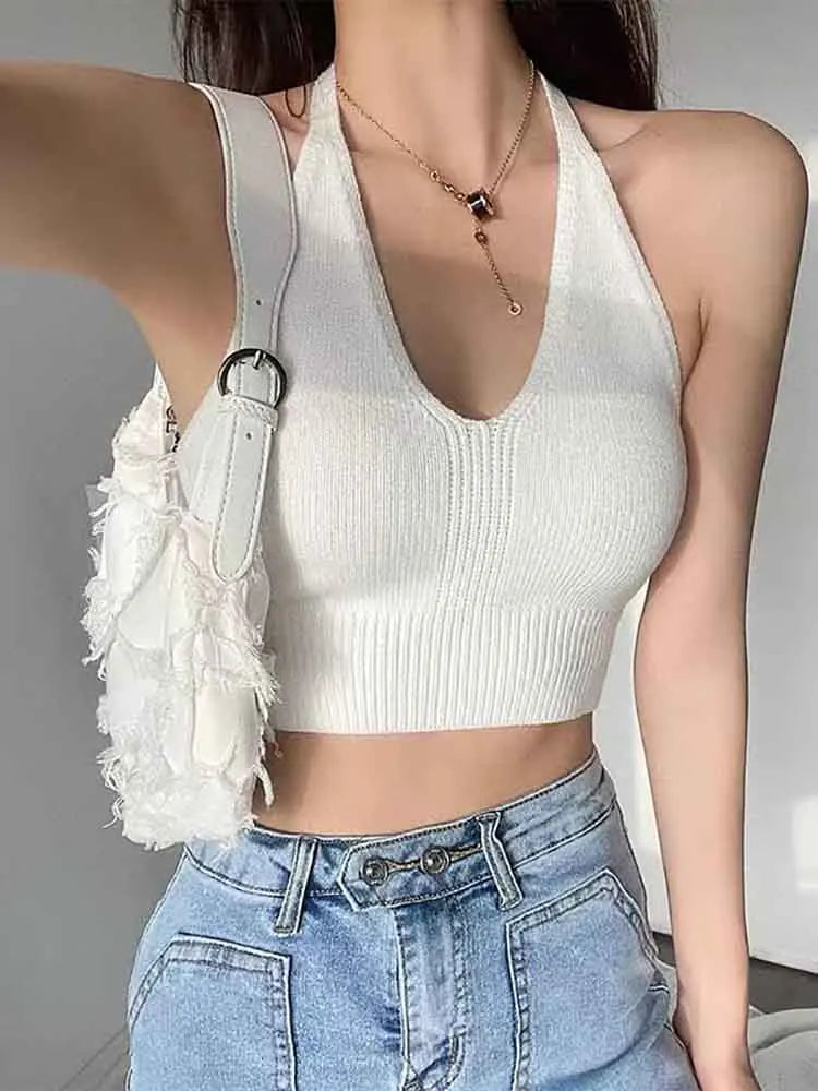 Guusje - Dames Y2K Gebreid V-hals Kruis Halter Crop Top