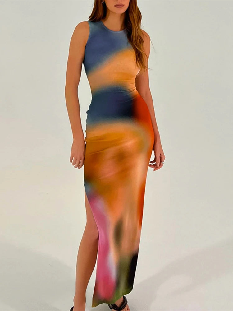 Beatrix - Dames Midi Jurk met Tie Dye Print en Ribbels - Bodycon Stijl met Zijsplit