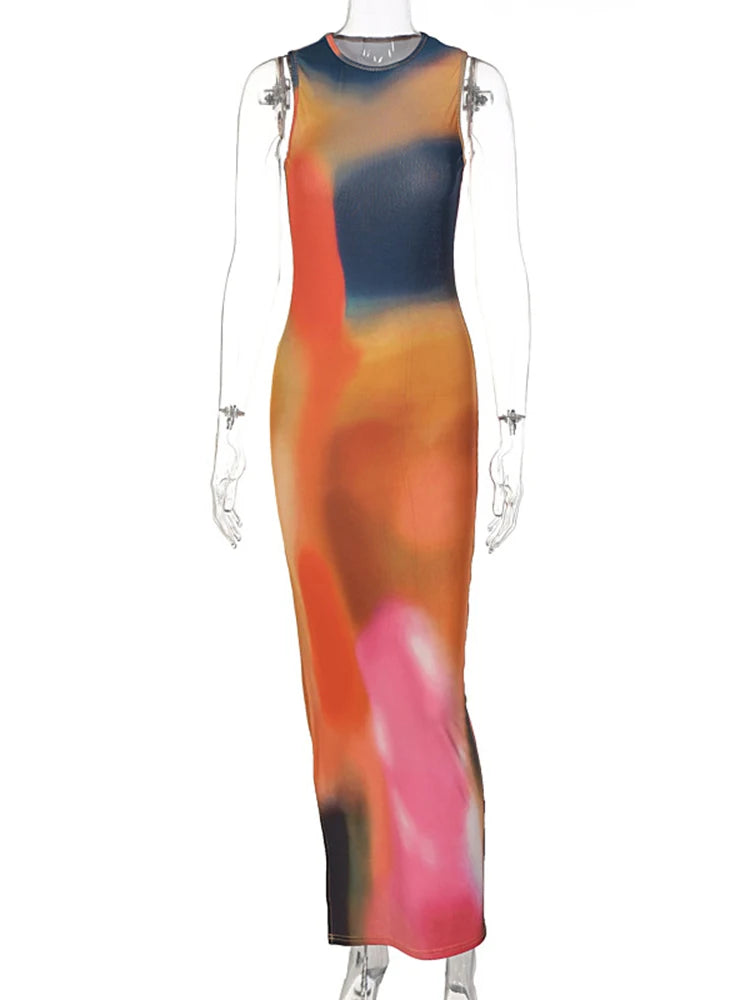 Beatrix - Dames Midi Jurk met Tie Dye Print en Ribbels - Bodycon Stijl met Zijsplit
