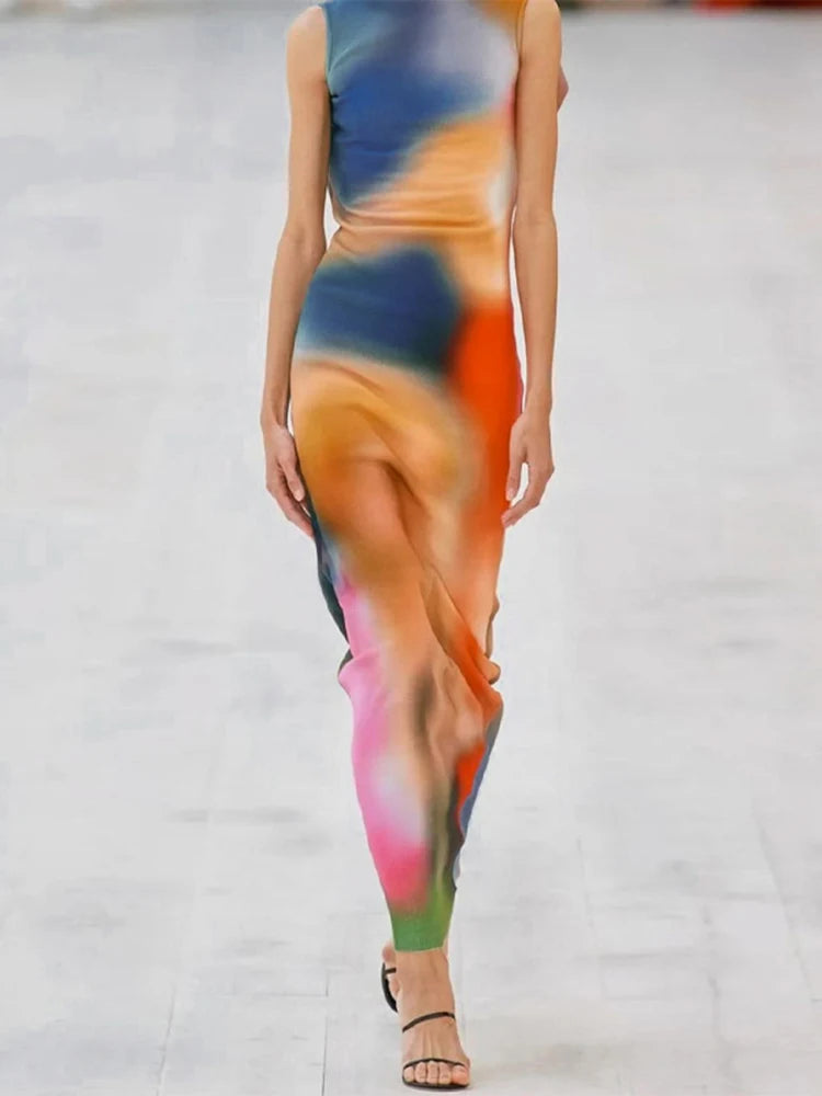 Beatrix - Dames Midi Jurk met Tie Dye Print en Ribbels - Bodycon Stijl met Zijsplit
