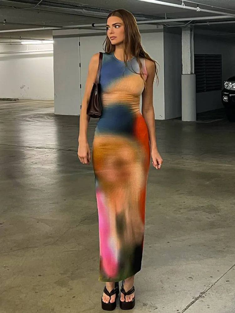 Beatrix - Dames Midi Jurk met Tie Dye Print en Ribbels - Bodycon Stijl met Zijsplit