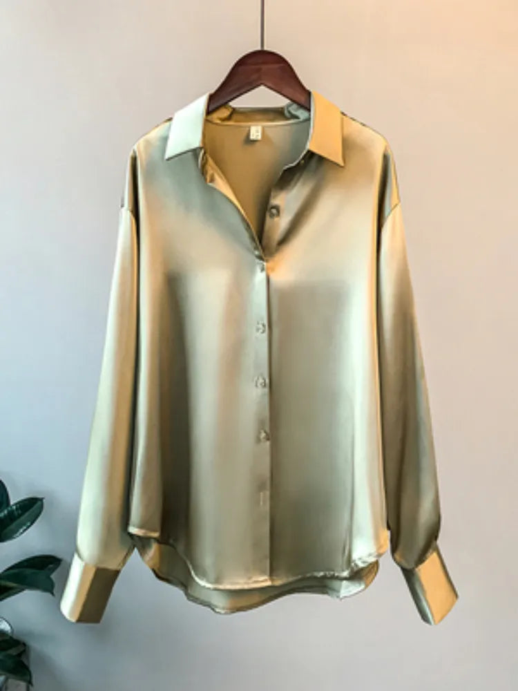 Nicole - Koreaanse Dames Blouse met Lange Mouwen: Satijnen Stof, Enkele Breasted Sluiting, Effen Patroon
