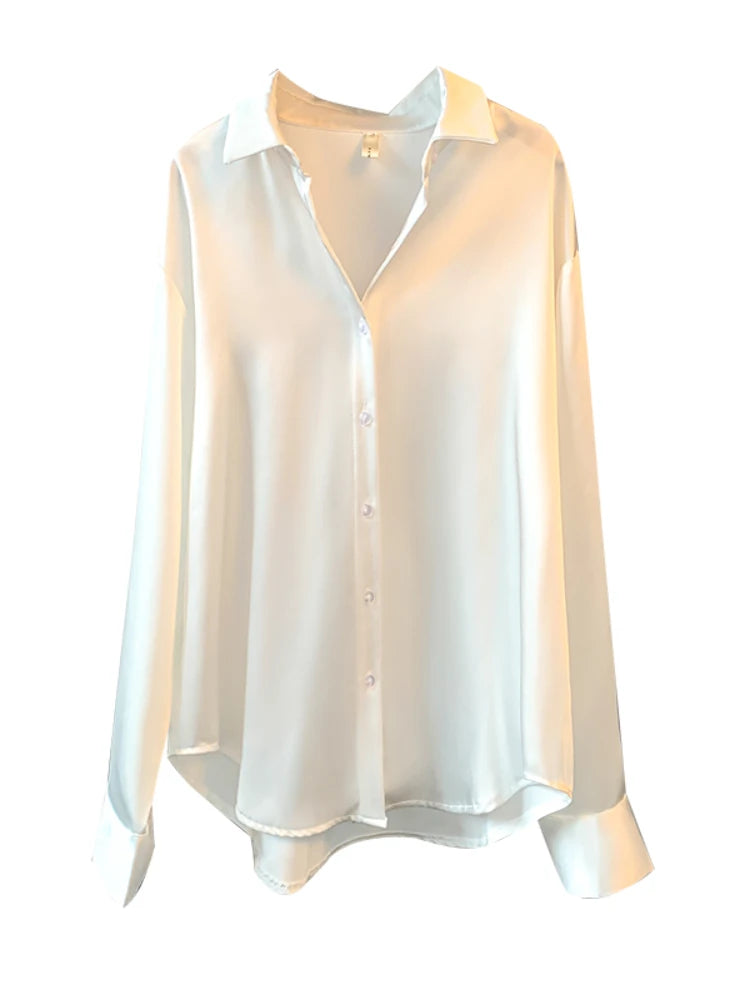 Nicole - Koreaanse Dames Blouse met Lange Mouwen: Satijnen Stof, Enkele Breasted Sluiting, Effen Patroon