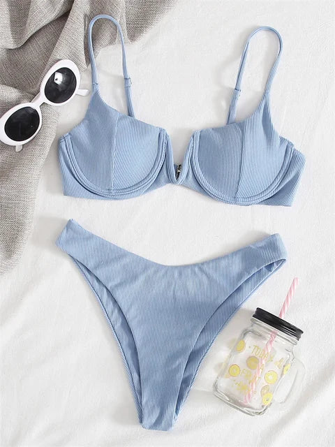 MARIANNE - Dames Bikini Set met hoge taille, effen kleur, push-up, met ribbeldesign en ondersteuning door beugel