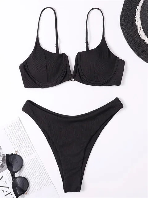 MARIANNE - Dames Bikini Set met hoge taille, effen kleur, push-up, met ribbeldesign en ondersteuning door beugel