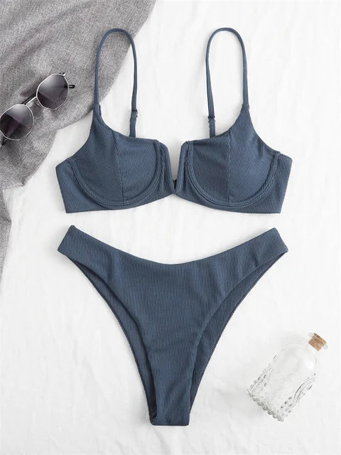 MARIANNE - Dames Bikini Set met hoge taille, effen kleur, push-up, met ribbeldesign en ondersteuning door beugel