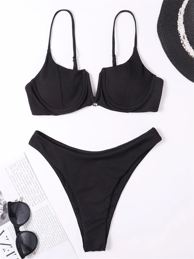 MARIANNE - Dames Bikini Set met hoge taille, effen kleur, push-up, met ribbeldesign en ondersteuning door beugel
