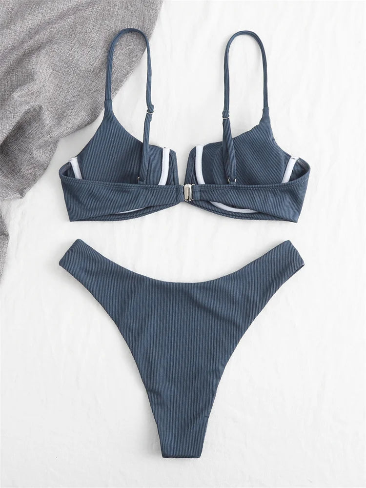 MARIANNE - Dames Bikini Set met hoge taille, effen kleur, push-up, met ribbeldesign en ondersteuning door beugel