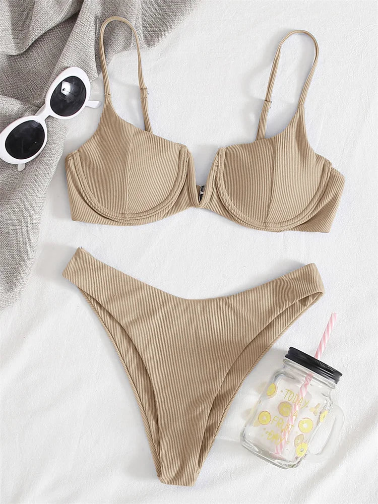 MARIANNE - Dames Bikini Set met hoge taille, effen kleur, push-up, met ribbeldesign en ondersteuning door beugel