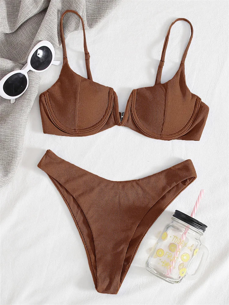MARIANNE - Dames Bikini Set met hoge taille, effen kleur, push-up, met ribbeldesign en ondersteuning door beugel