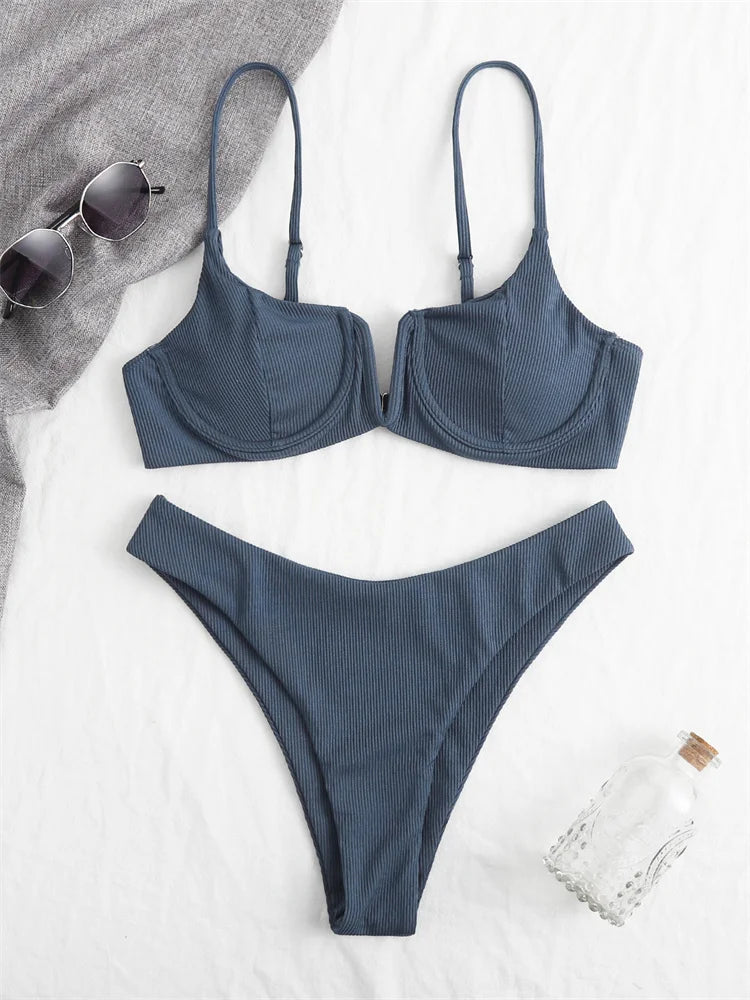 MARIANNE - Dames Bikini Set met hoge taille, effen kleur, push-up, met ribbeldesign en ondersteuning door beugel