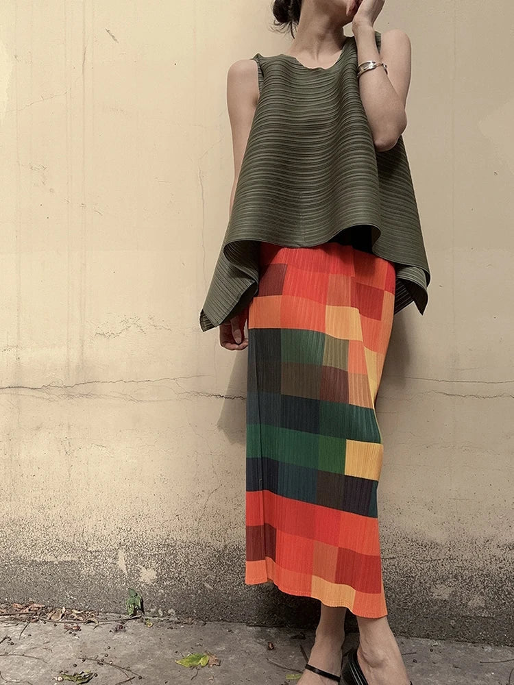 NINON - Regenboog Geruite Rok met Kant Split