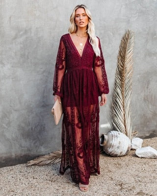 EMILIE - Kanten maxi-jurk met lange mouwen