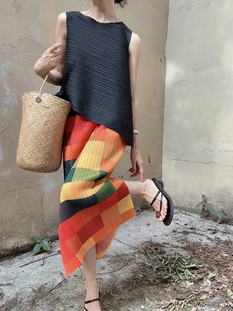 NINON - Regenboog Geruite Rok met Kant Split