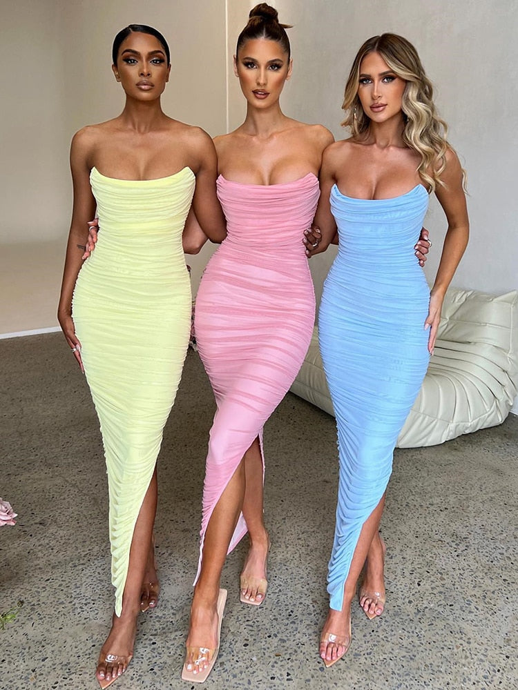 JANA - Lange strapless geribde jurk