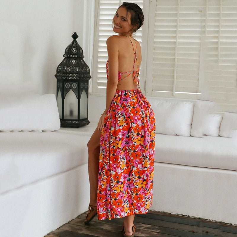 SASKIA - Maxi-jurk met split en bloemenprint