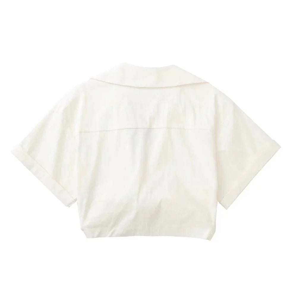 Hanneke - Dames Vintage Korte mouw Linnen Crop blouse hemd