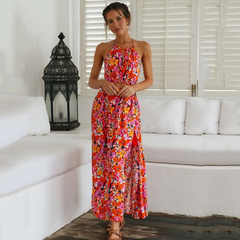 SASKIA - Maxi-jurk met split en bloemenprint