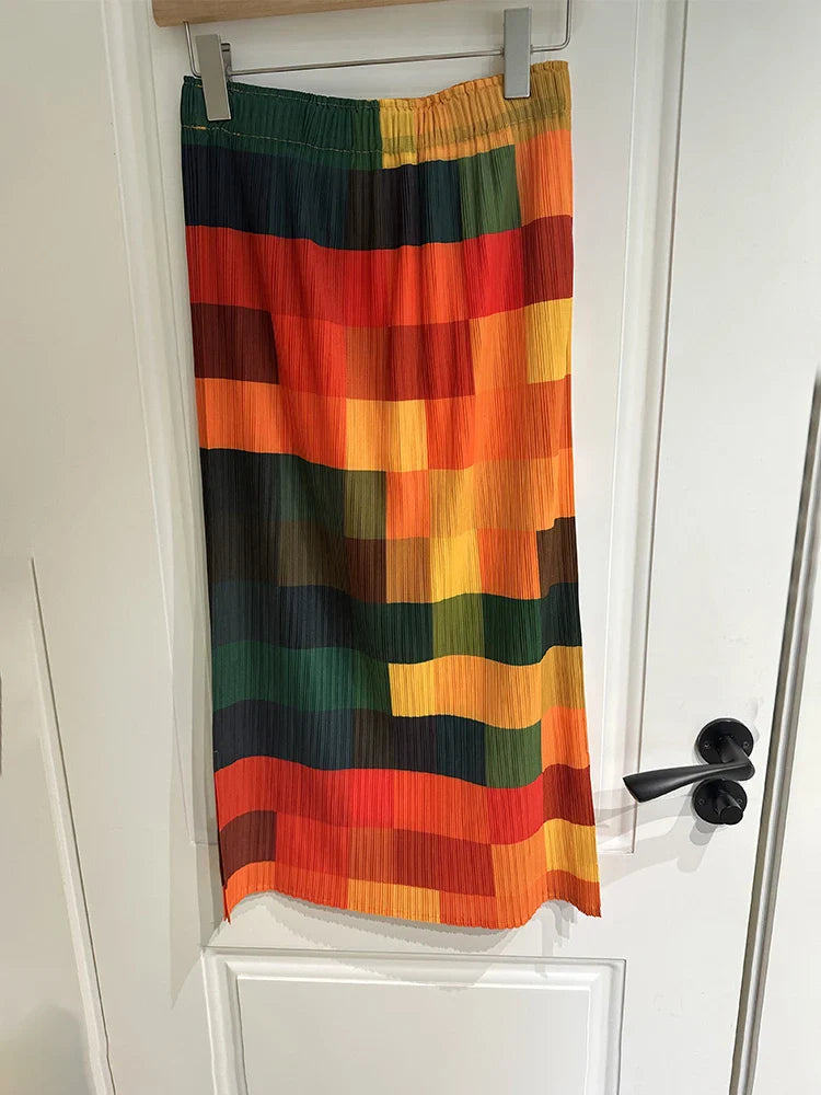 NINON - Regenboog Geruite Rok met Kant Split
