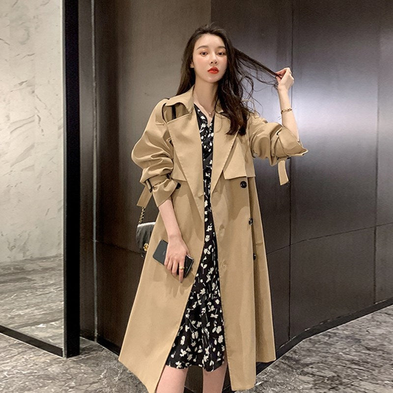 ANNA - Aantrekkelijke all-weather look - Herfstklassieker voor dames: double-breasted lange trenchcoat met riem