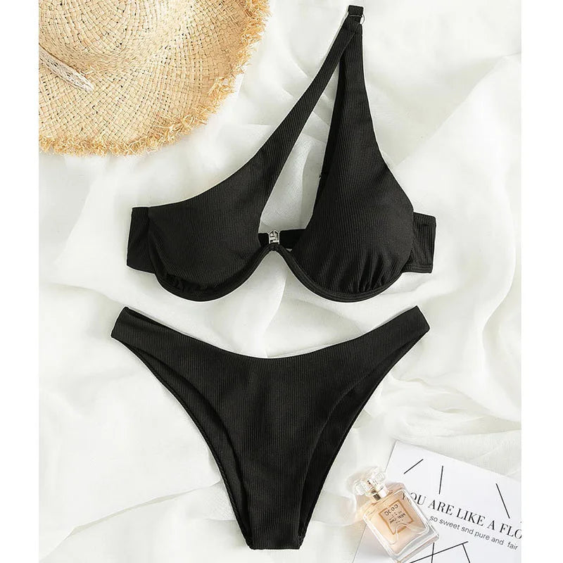 BEATRIX - Dames One-Shoulder Bikini Set - Effen Patroon, Draadloze Ondersteuning, Pasvorm met middelhoge taille