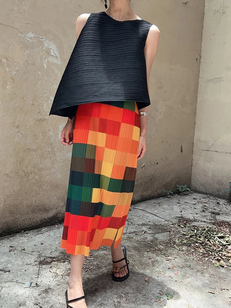 NINON - Regenboog Geruite Rok met Kant Split